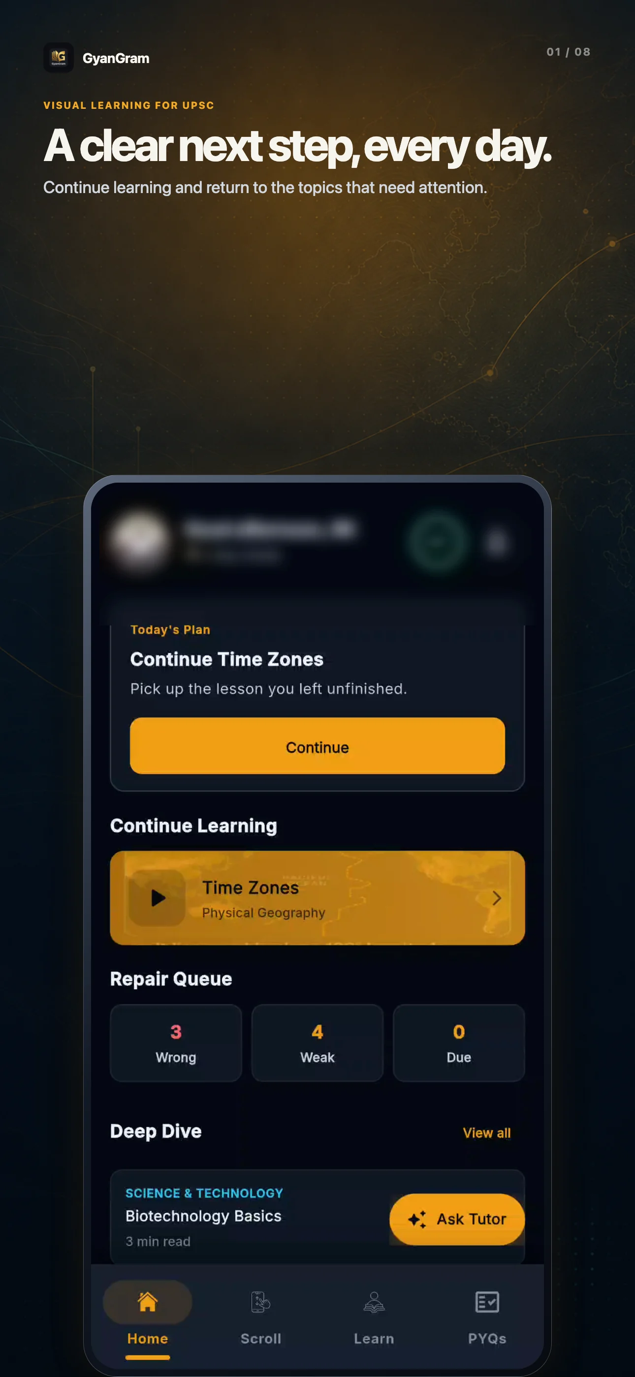 App interface preview of the GyanGram home screen with today's plan and review queues