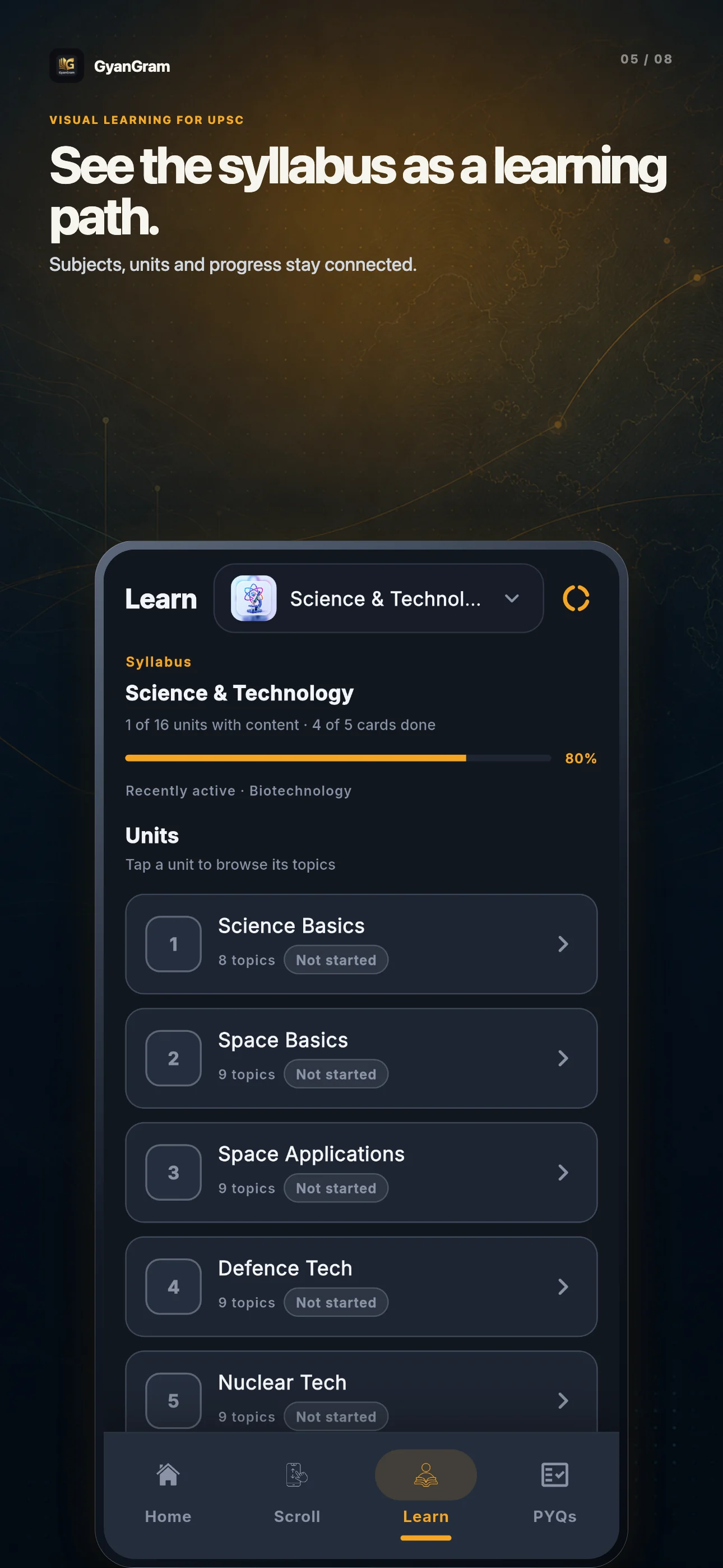 App interface preview of the GyanGram Learn screen with syllabus units and progress