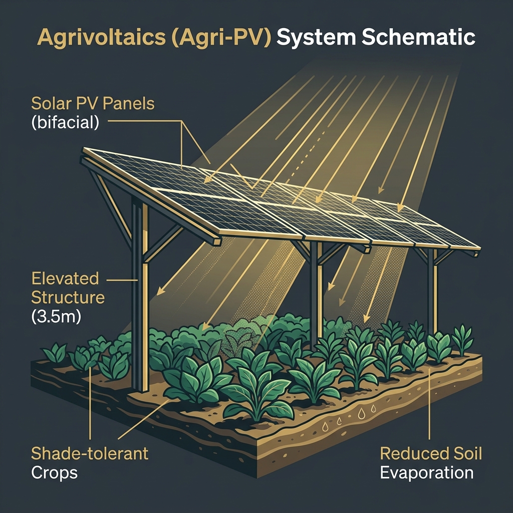 Agrivoltaics cross-section diagram showing solar panels at 3.5 metres above crop cultivation