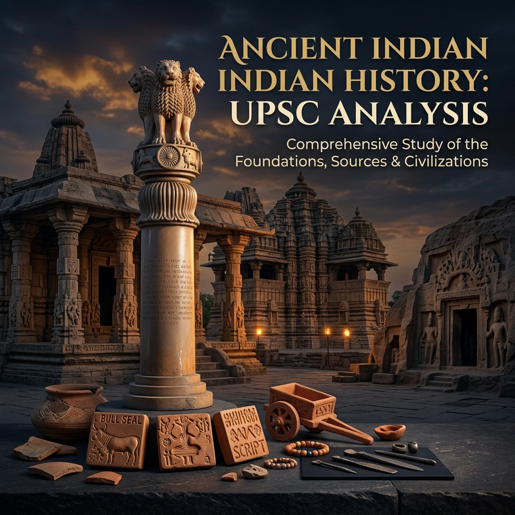 Ashoka pillar, Indus Valley seals, and ancient temple ruins representing Ancient Indian History PYQ analysis for UPSC Prelims.