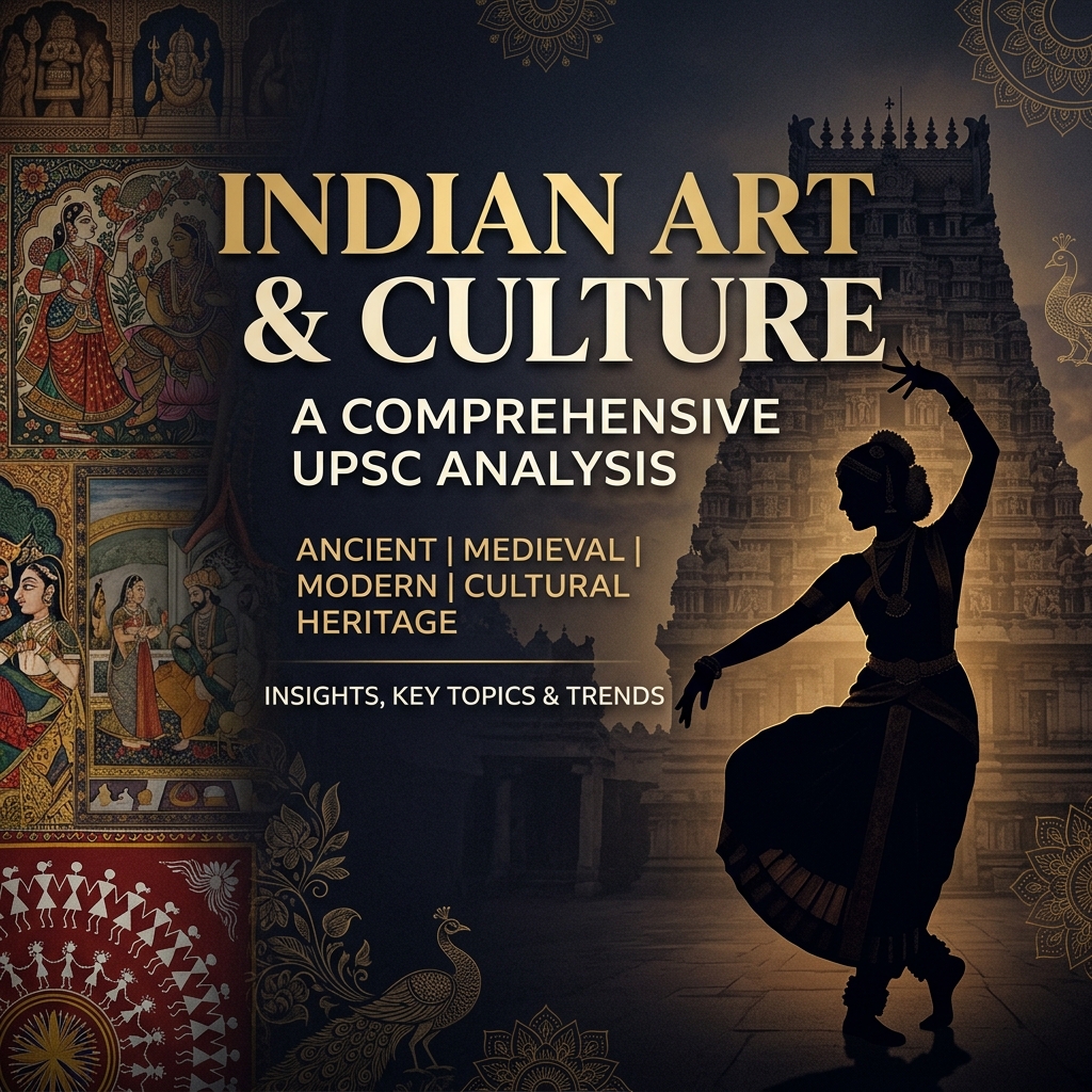 An analytical overview of Art and Culture PYQ trends for UPSC Prelims, featuring temple architecture, classical dance motifs, and heritage design elements.