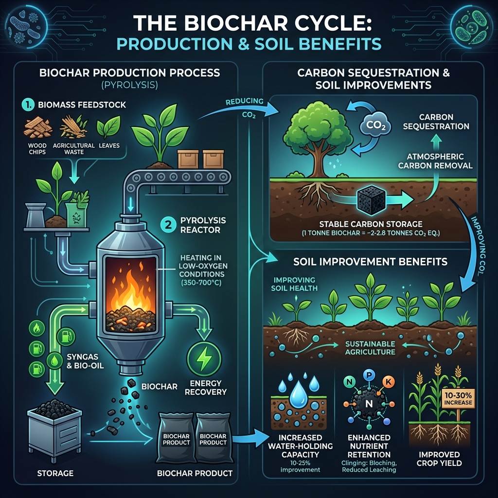 Biochar Production & Soil Benefits Infographic by Nano Banana Pro