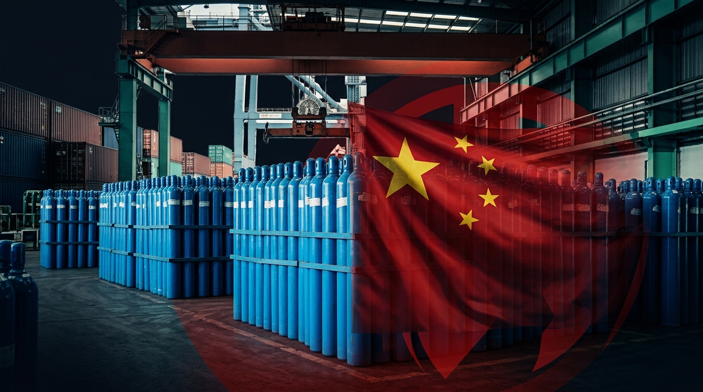 Rows of blue helium gas cylinders at an industrial port, with the Chinese national flag overlaid, symbolising China's sudden helium export ban in July 2026