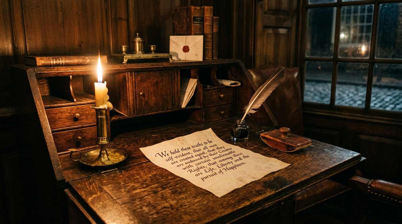 An 18th-century writing desk with a parchment document showing the opening words of the Declaration of Independence