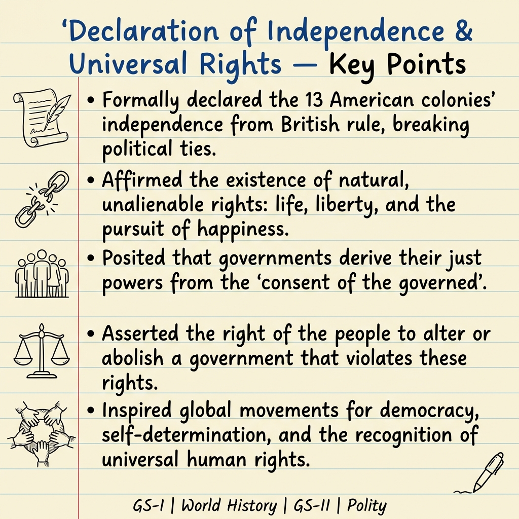 Handwritten study notes on the Declaration of Independence and Universal Rights