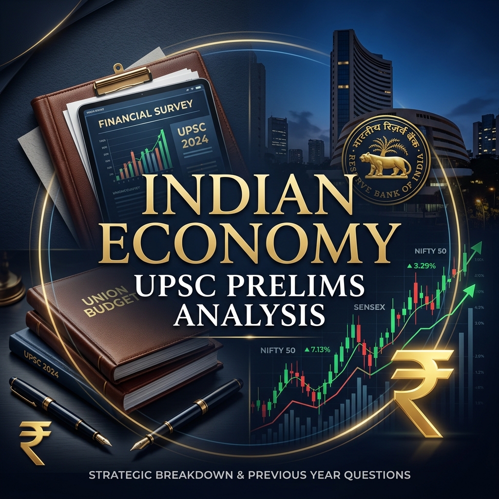 Dark-themed illustration with rupee symbols, budget documents, and analytical charts representing Indian Economy PYQ analysis for UPSC Prelims.