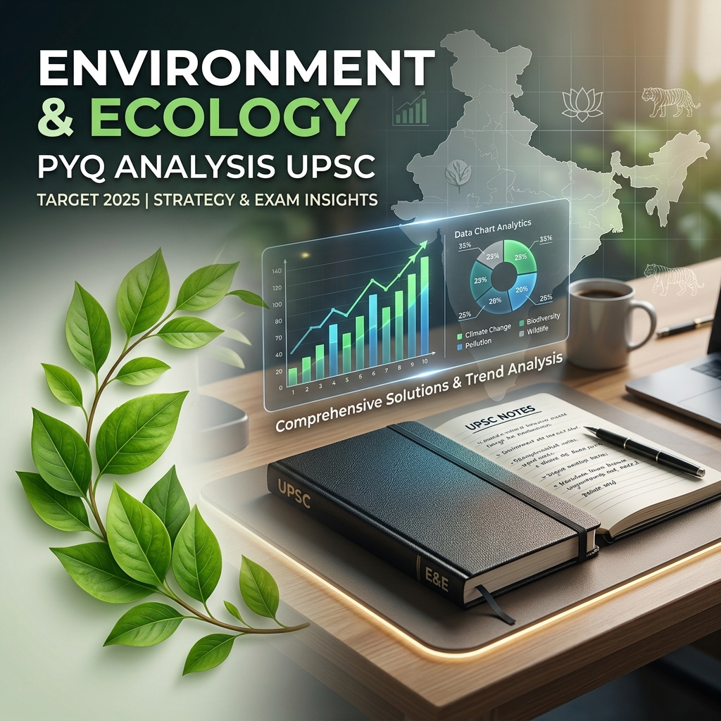 A sleek notebook with analytical charts representing the Environment and Ecology syllabus weightage for UPSC Prelims.