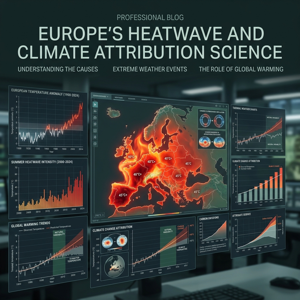 Glowing heat map of Europe under severe atmospheric blocking heatwave