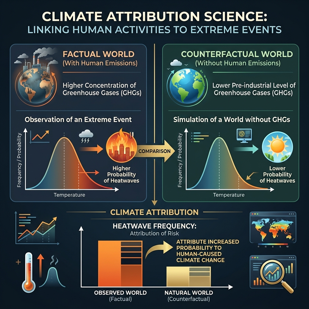 Educational infographic comparing Factual World (high emissions/high heat risk) with Counterfactual World (pre-industrial/low heat risk)