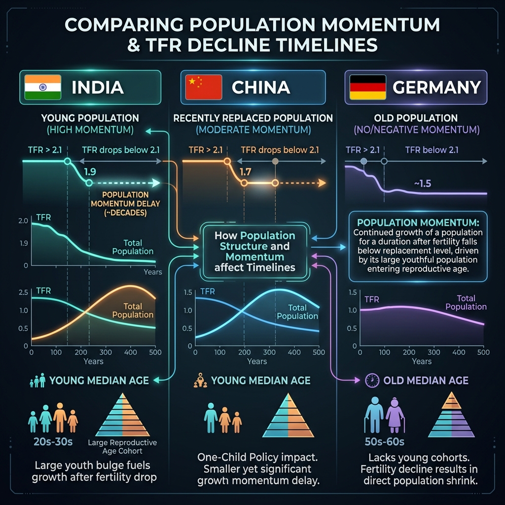 Educational diagram comparing demographic transition gaps and population momentum in India, China, and Germany