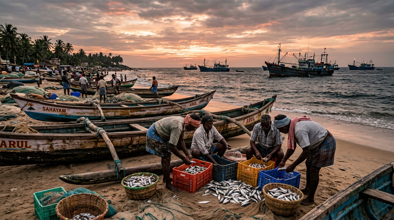 Indian small-scale fishers sorting their catch on the beach with mechanized trawlers in the background