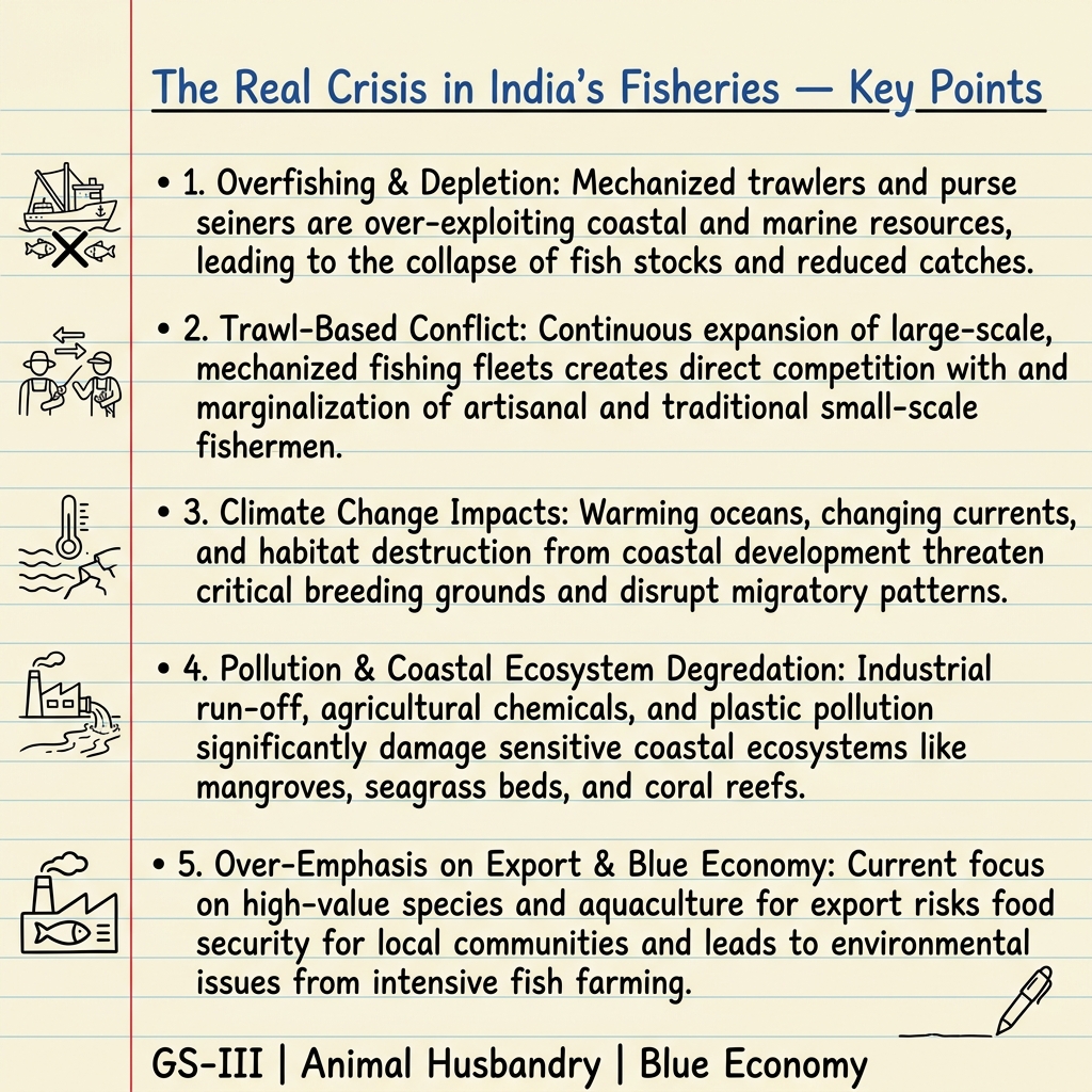 Handwritten summary notes on the Real Crisis in India's Fisheries