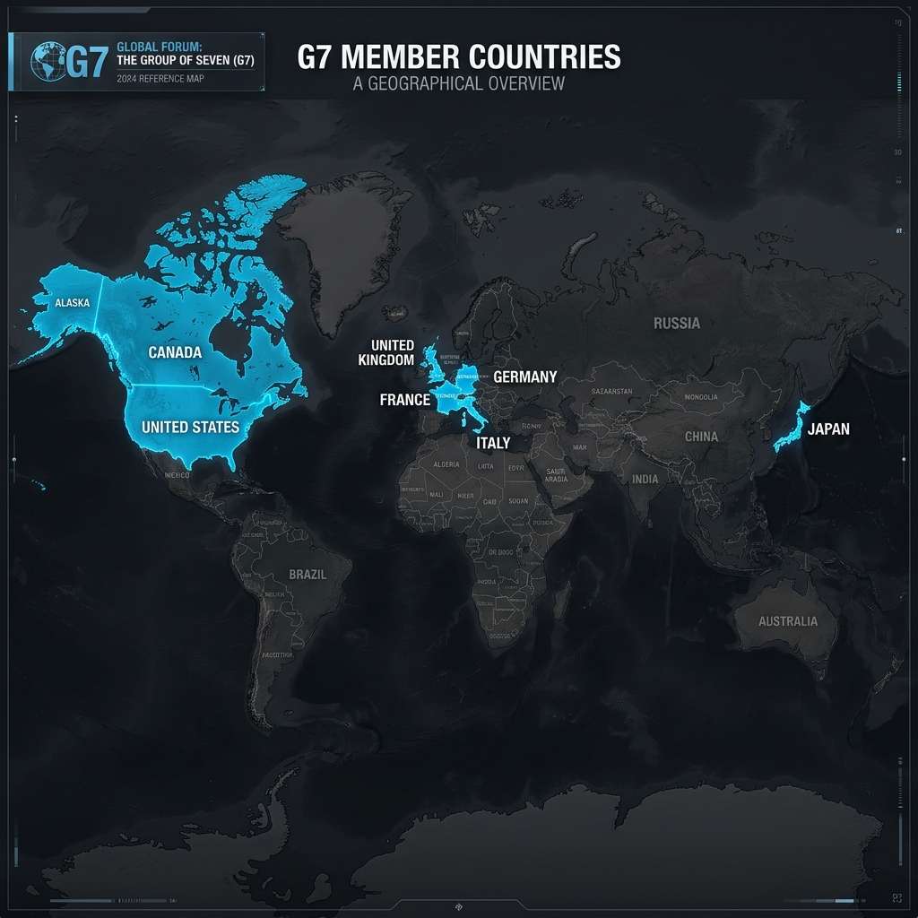 Geographically correct G7 member countries world map highlight