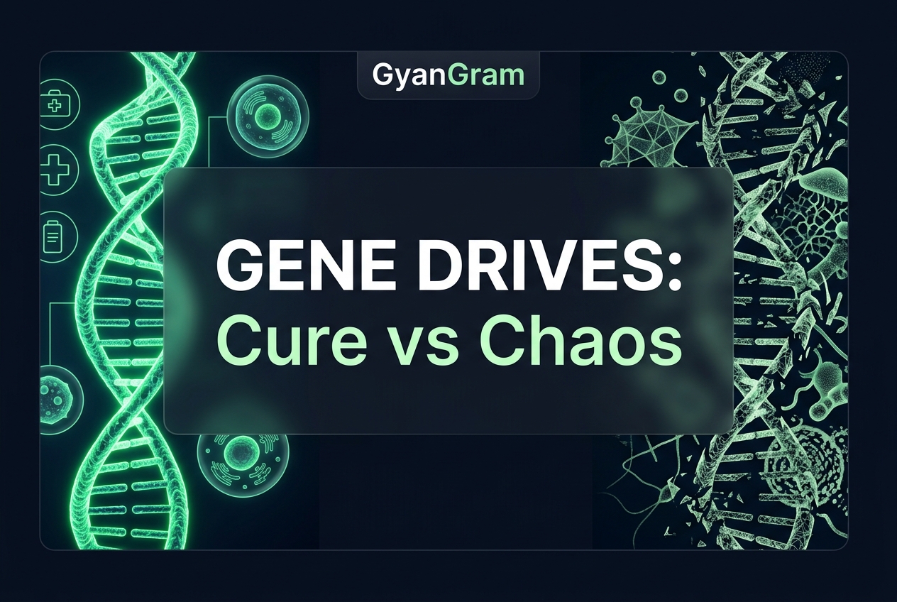 GENE DRIVES: Cure vs Chaos cover graphic showing edited DNA helix