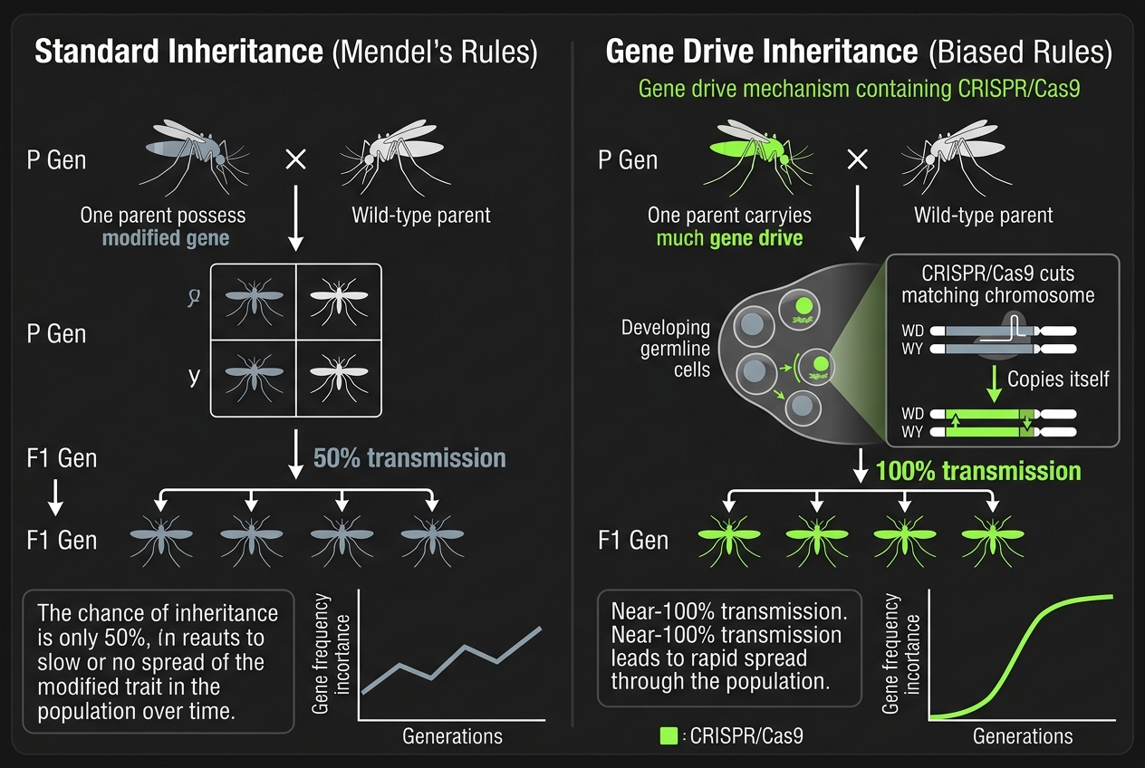 Comparison between Standard Mendelian Inheritance (50% transmission) and Gene Drive Inheritance (100% transmission using CRISPR/Cas9)
