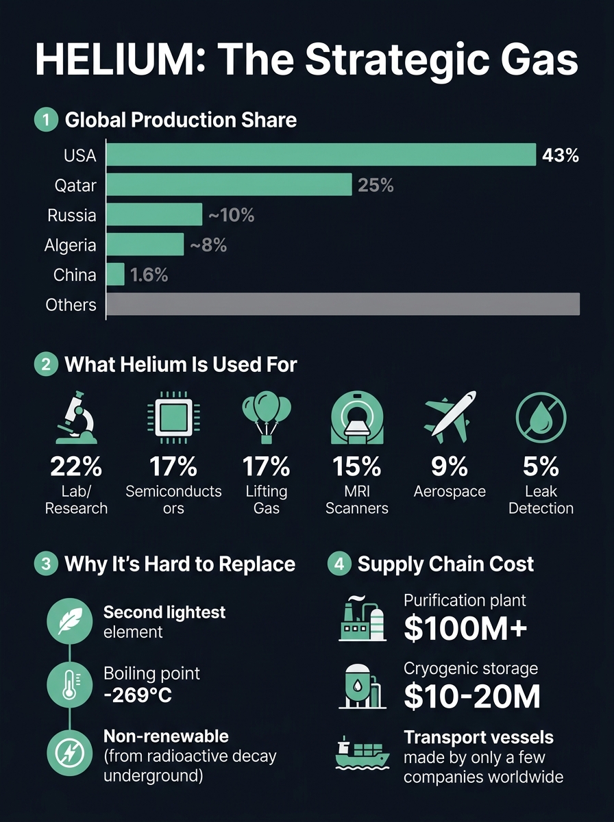 Infographic showing global helium production shares (USA 43%, Qatar 25%, Russia 10%, Algeria 8%, China 1.6%), helium use cases by percentage, reasons for irreplaceability, and supply chain cost breakdown