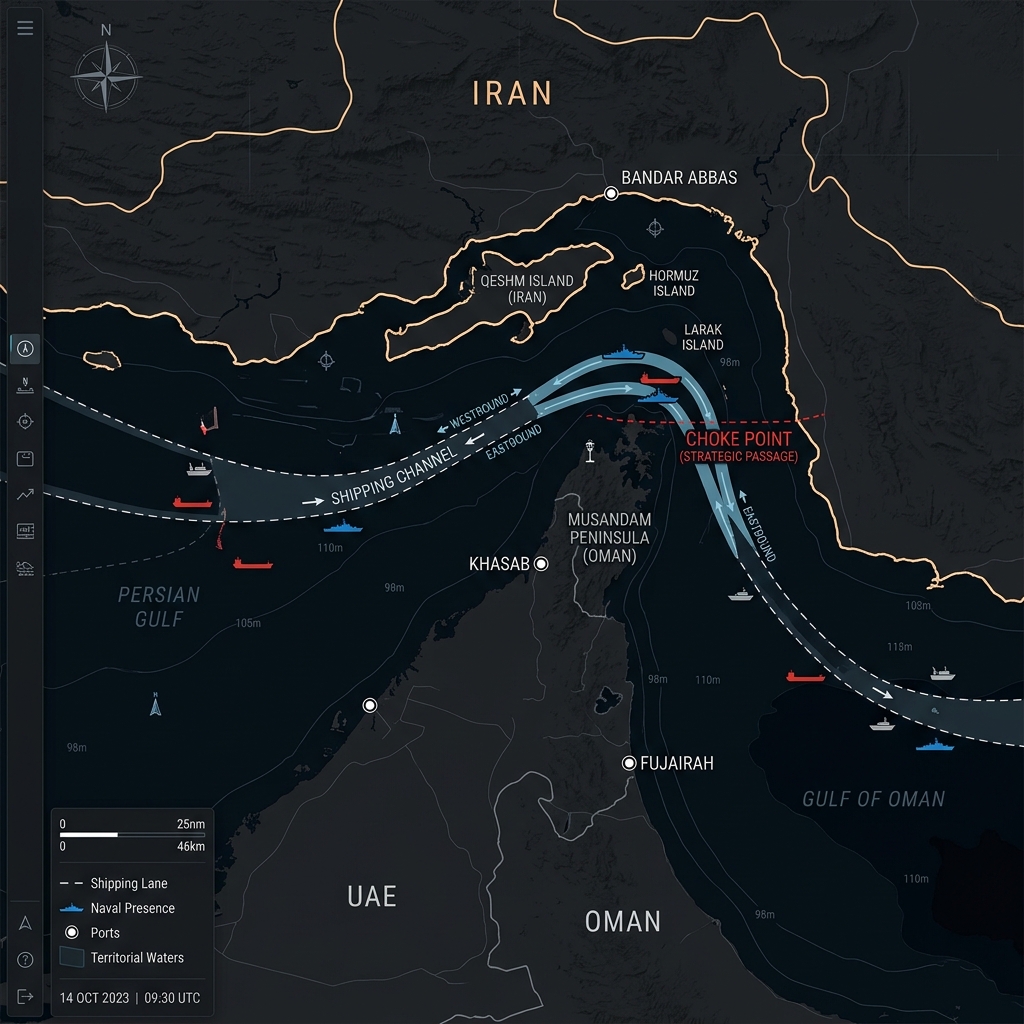 Geographically accurate map of the Strait of Hormuz showing Iran, Oman Musandam, and UAE