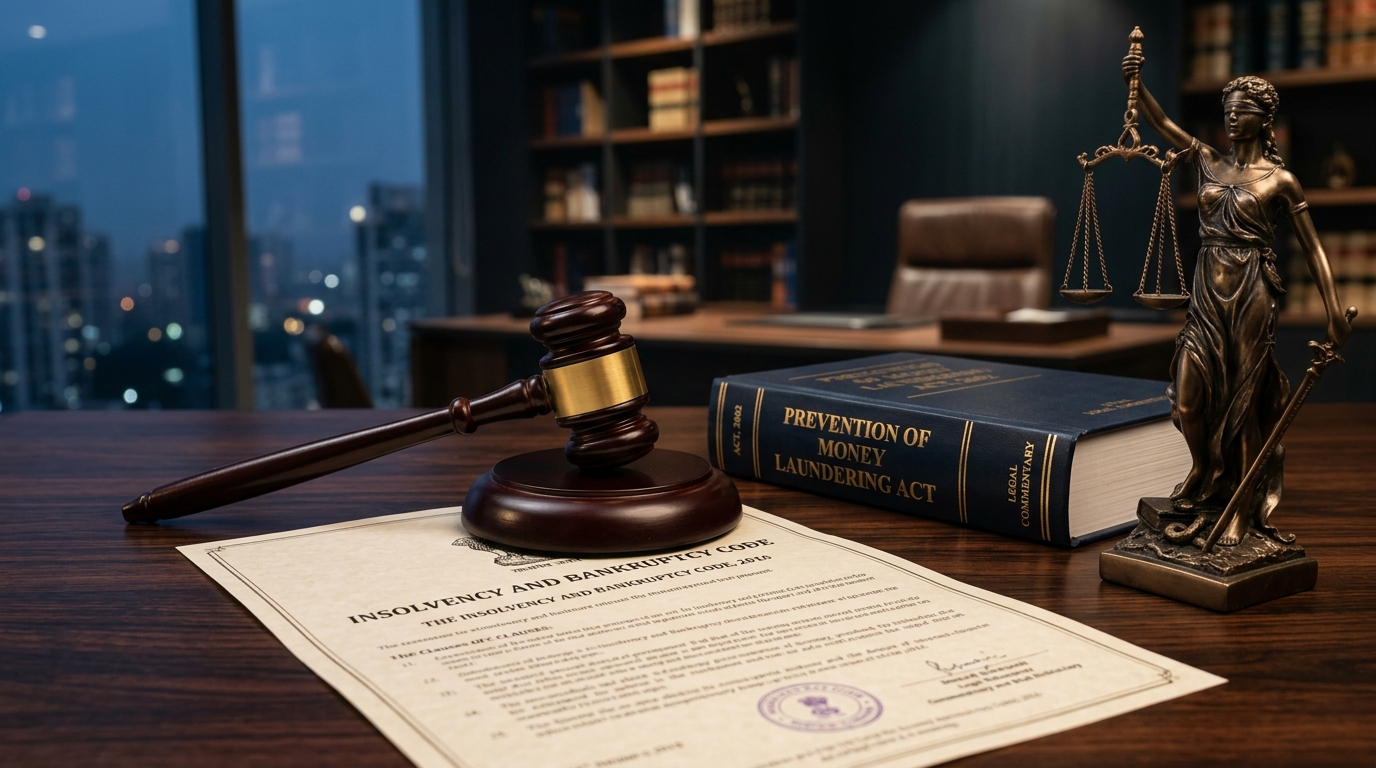 A judge's gavel resting on an Insolvency and Bankruptcy Code document next to a PMLA law book