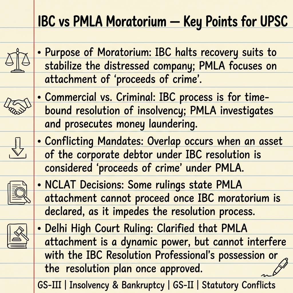 Handwritten revision notes on PMLA vs IBC Moratorium