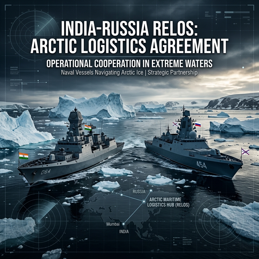 India and Russia naval ships in cold waters representing RELOS defense logistics agreement.