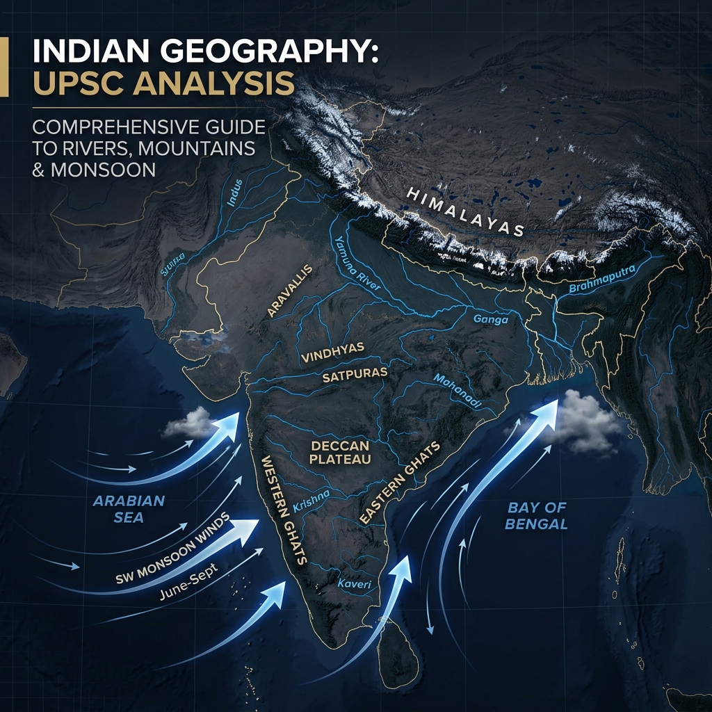 A premium dark-themed cover showing the Indian subcontinent with rivers, mountain ranges, and agricultural zones highlighted in a satellite-view aesthetic.