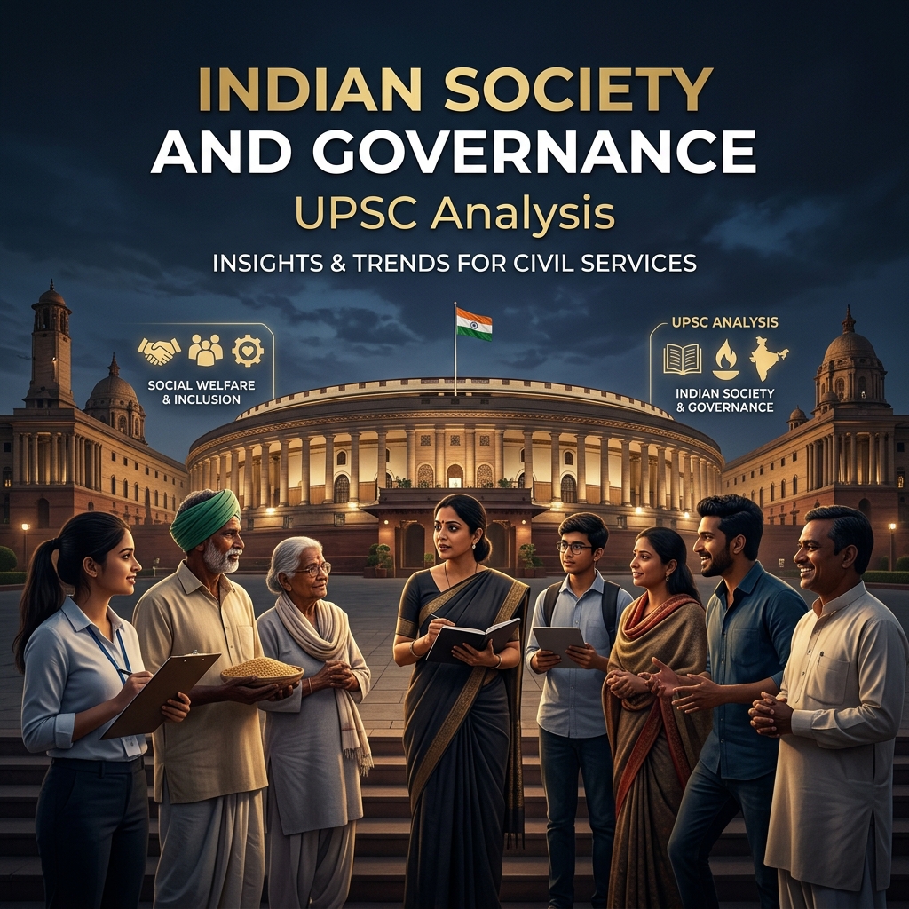 Diverse Indian community silhouette, government building, and social welfare icons representing UPSC Indian Society & Governance PYQ analysis.