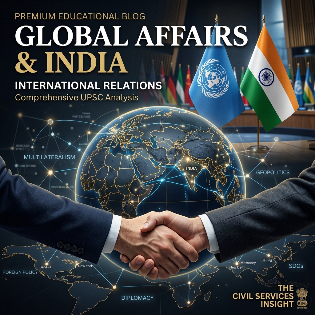 Globe and diplomatic imagery representing International Relations UPSC PYQ analysis with world map connections and UN flags.