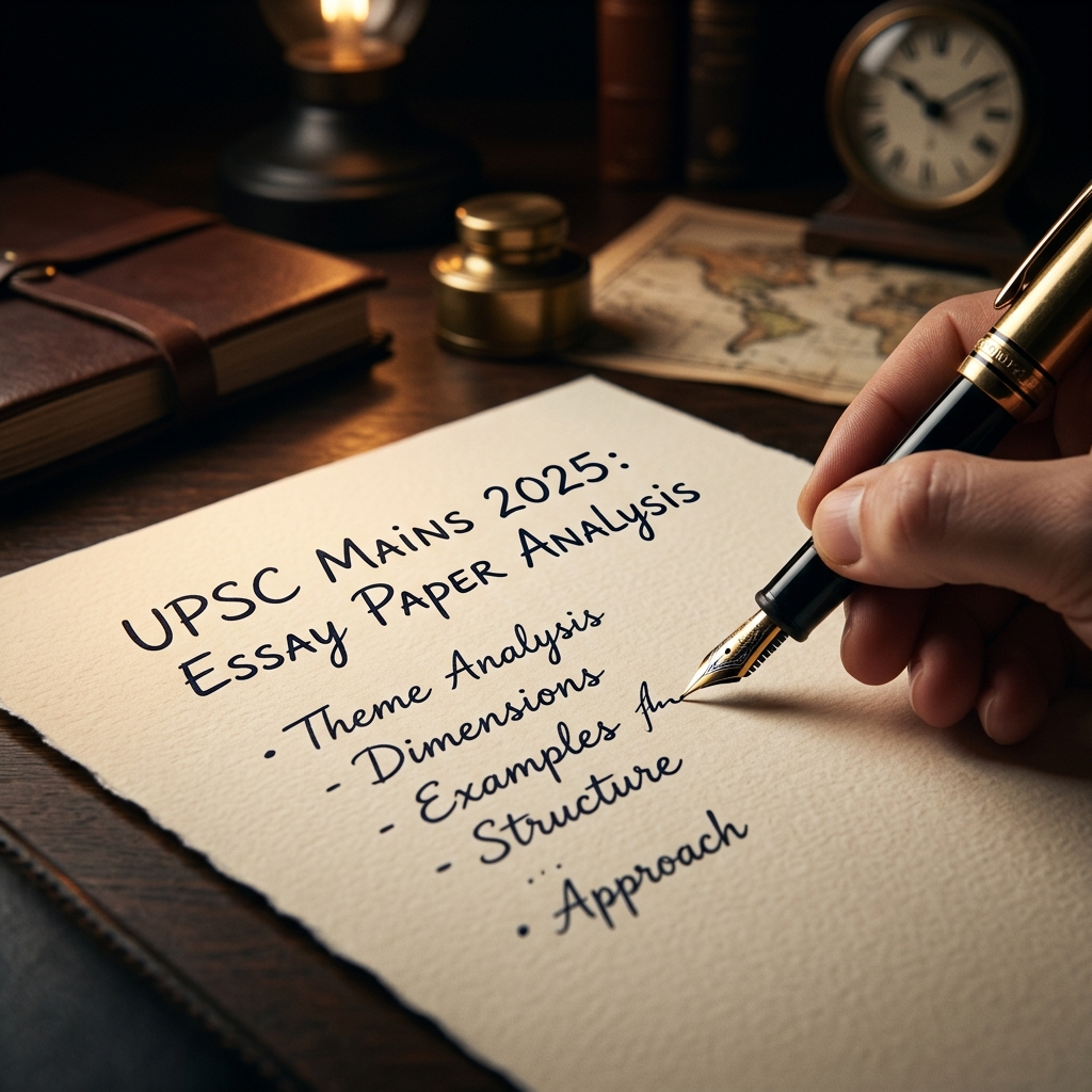 A professional cover representing the UPSC Mains 2025 Essay Paper Analysis, with a classic fountain pen on rich textured paper.