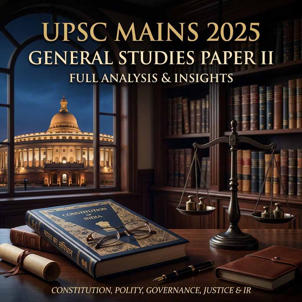 UPSC Mains 2025 GS Paper II cover featuring the Indian Parliament House, Scales of Justice, and premium educational theme.