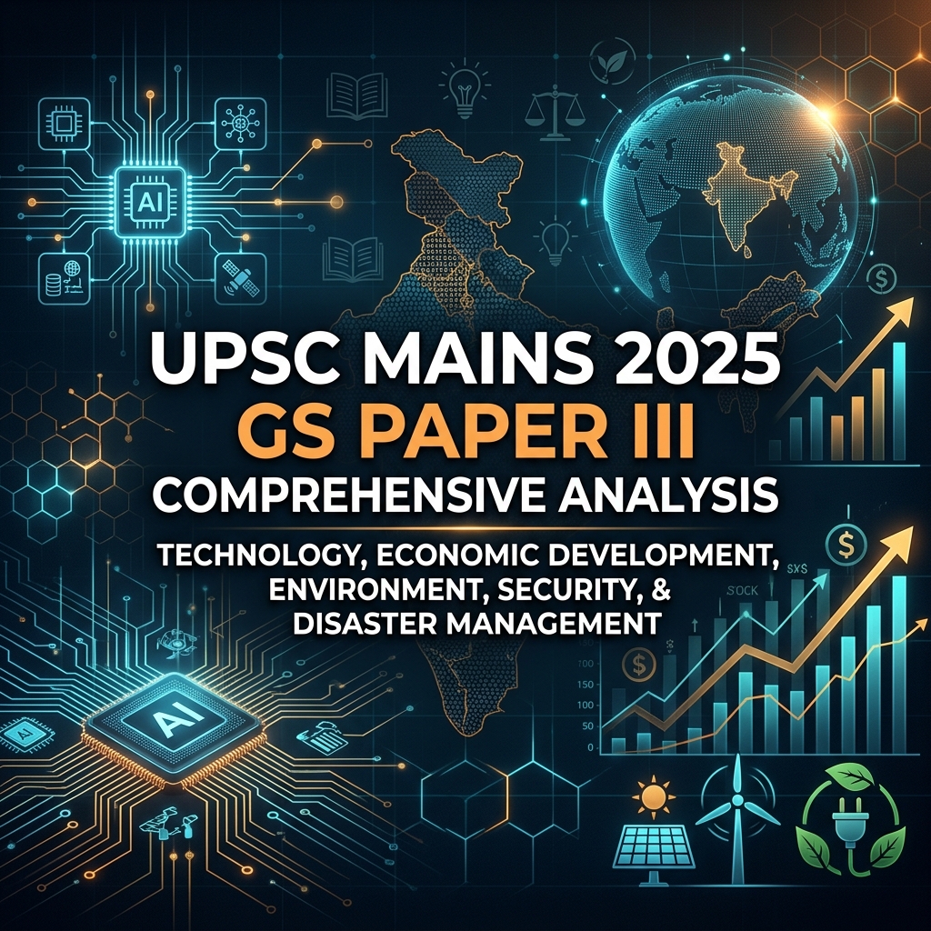 UPSC Mains 2025 GS Paper III cover featuring technology grid and economic graphs on a premium dark theme.