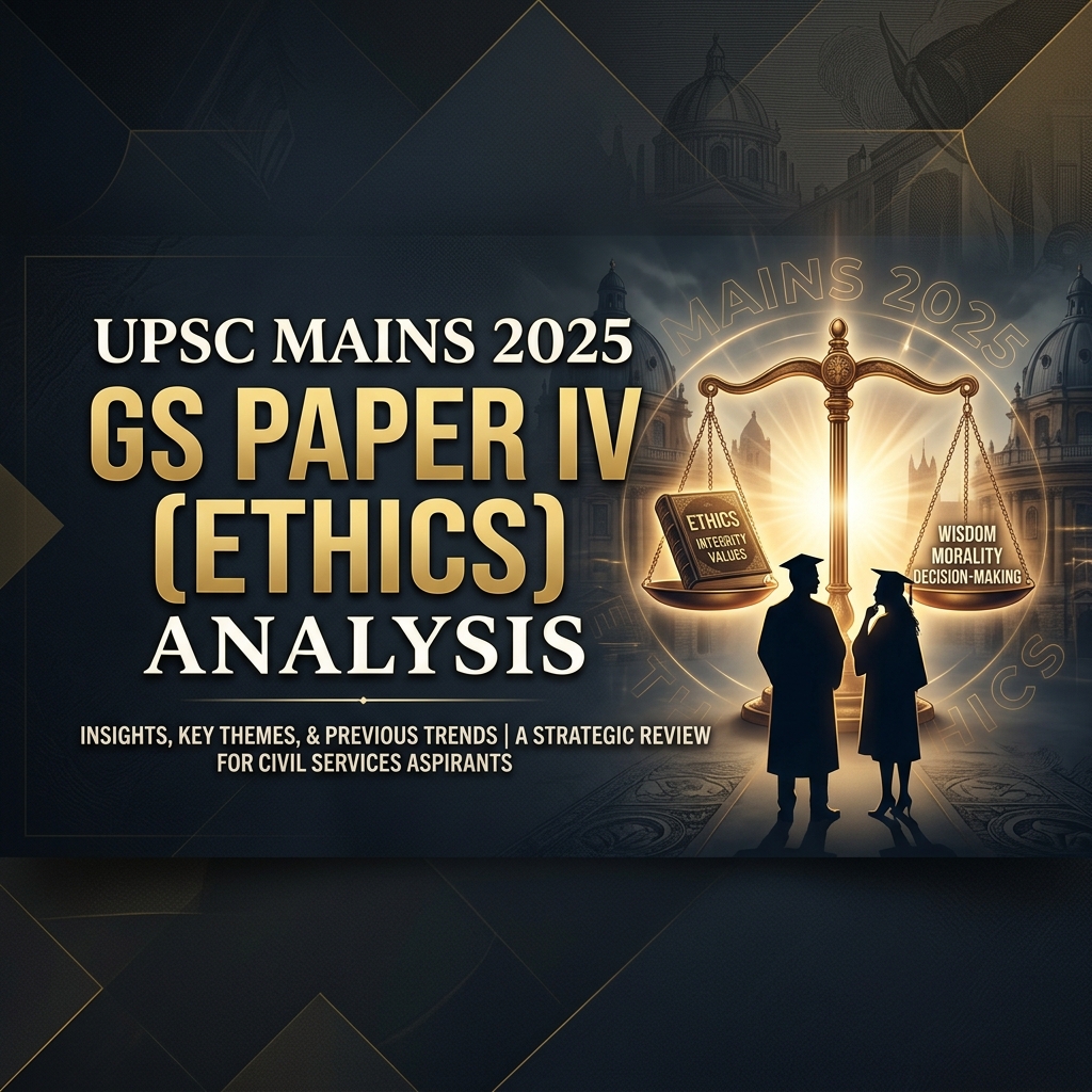 UPSC Mains 2025 GS Paper IV Ethics cover featuring wisdom light, moral scales, and premium dark educational theme.