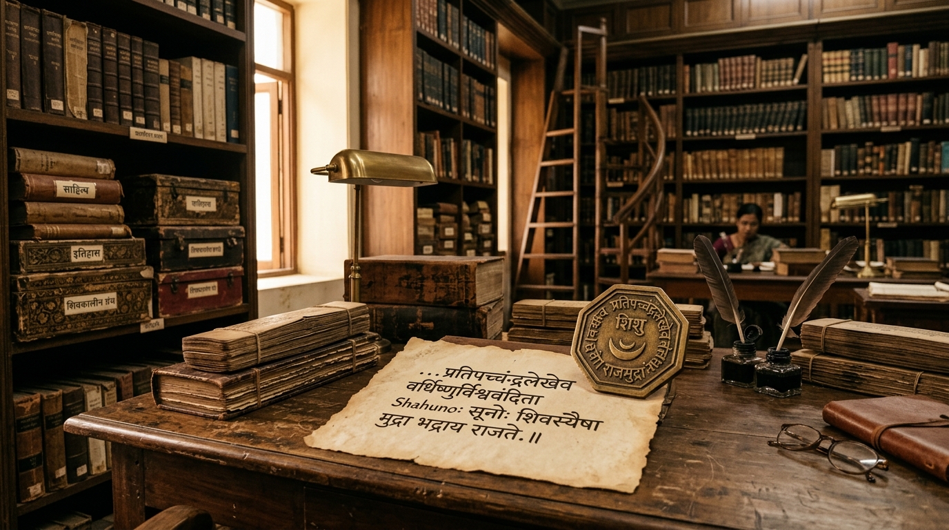 Classical Devanagari script manuscripts and books with a replica of Shivaji Maharaj's Rajmudra in an ancient wood-paneled archive library