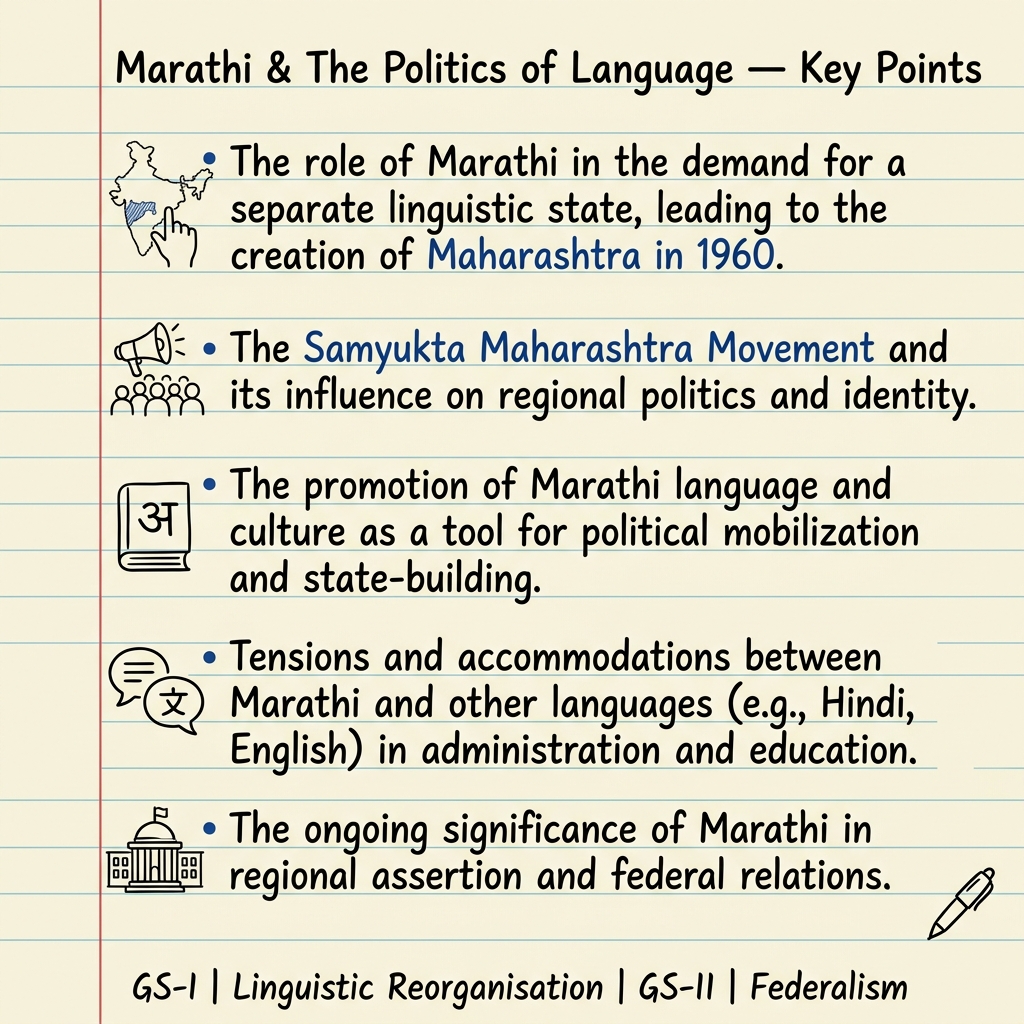 Handwritten study notes on Marathi language politics and linguistic federalism