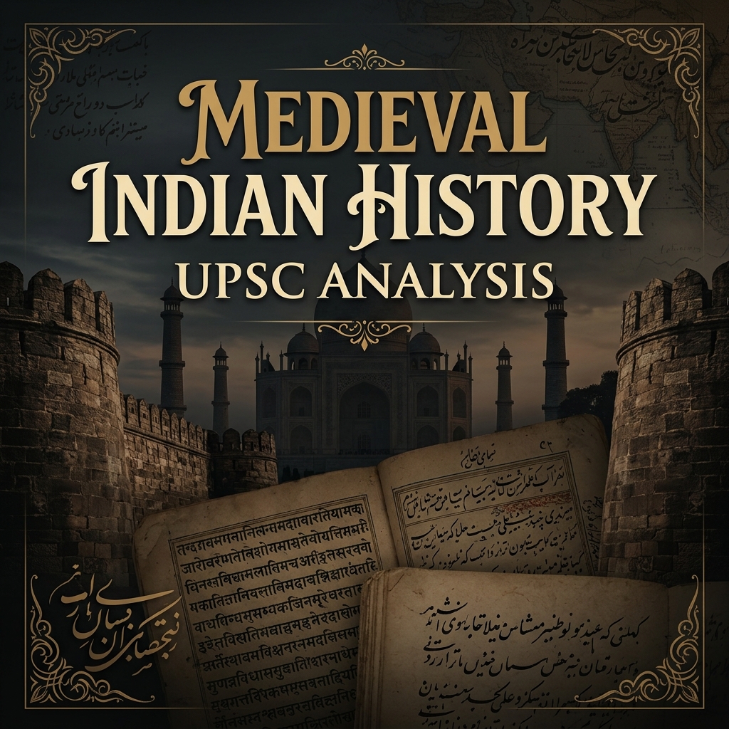 Medieval Indian architecture silhouettes representing the PYQ analysis of Medieval History for UPSC Prelims.