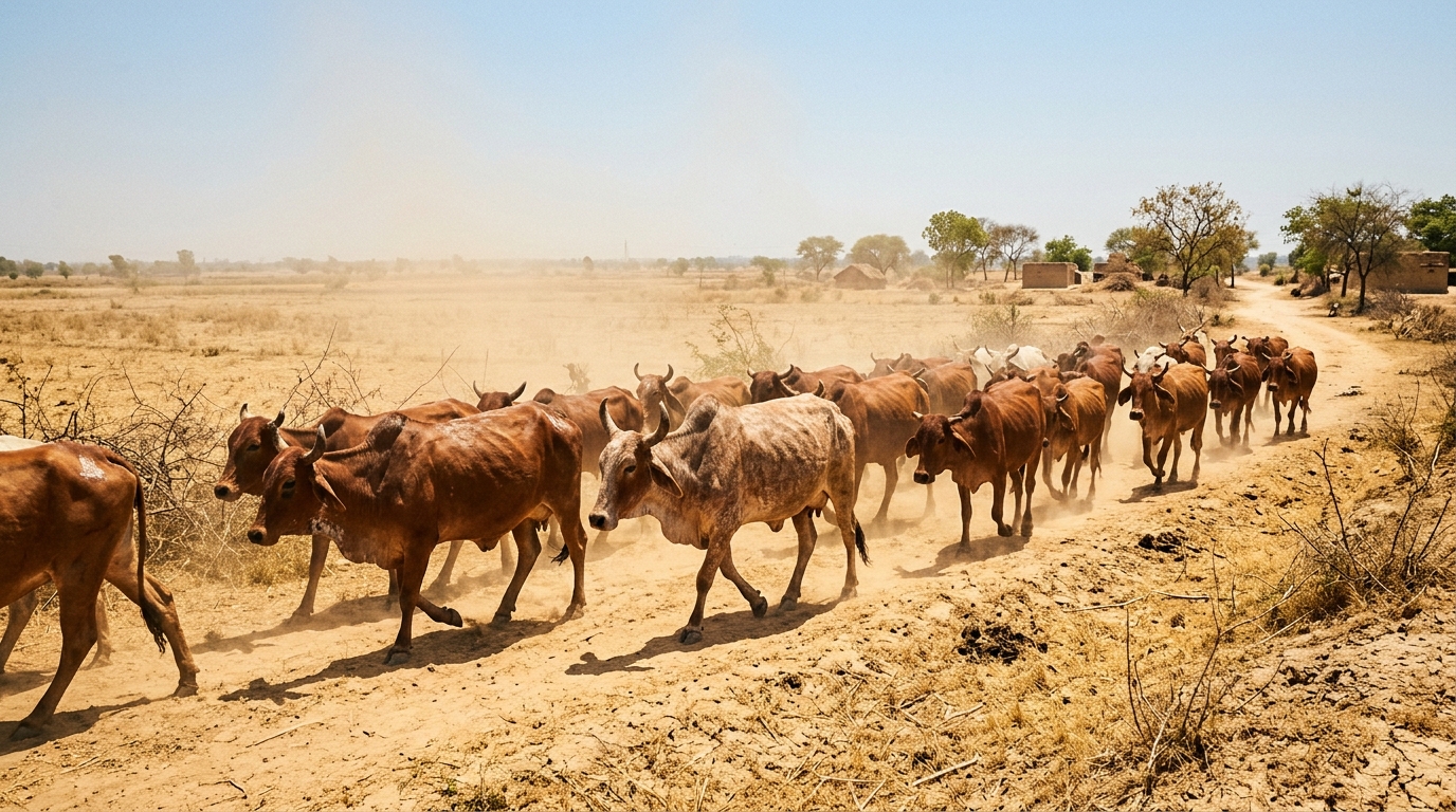 A herd of Sahiwal cows walking in Haryana's dry pasture under a scorching hot summer sun