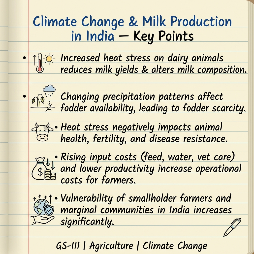 Handwritten summary notes on Climate Change and Milk Production in India