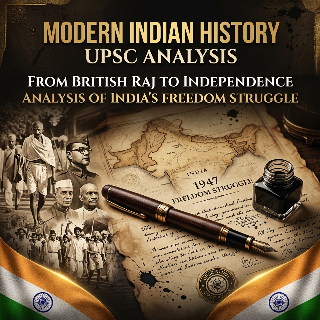 An analytical overview of Modern Indian History PYQ trends for UPSC Prelims, featuring vintage document and tricolor design.