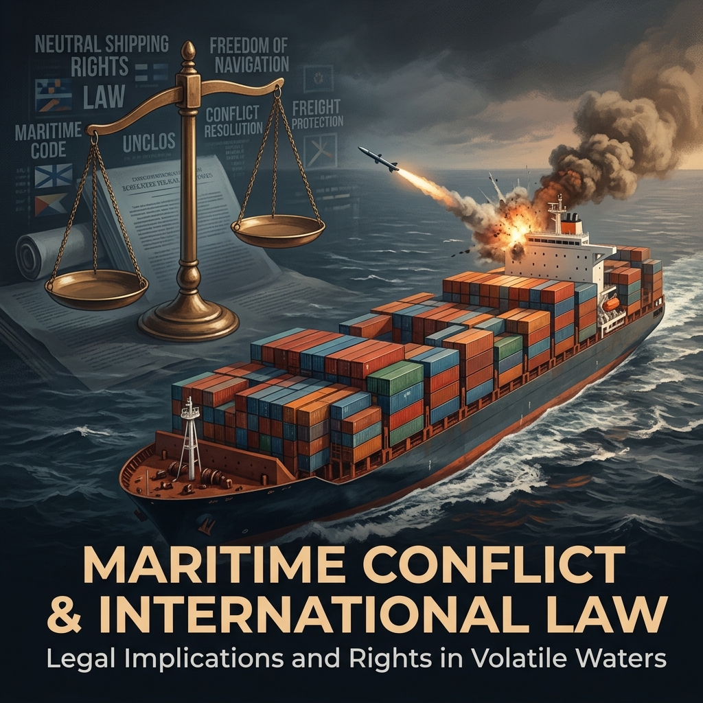 Merchant tanker ship under missile fire with scales of justice overlay
