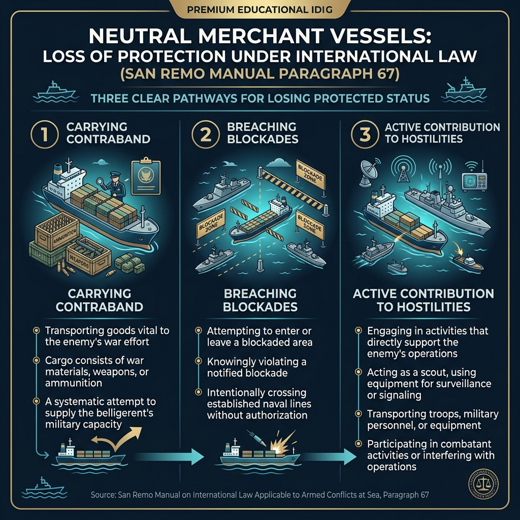 Infographic illustrating the three conditions under which neutral ships lose protection under the San Remo Manual