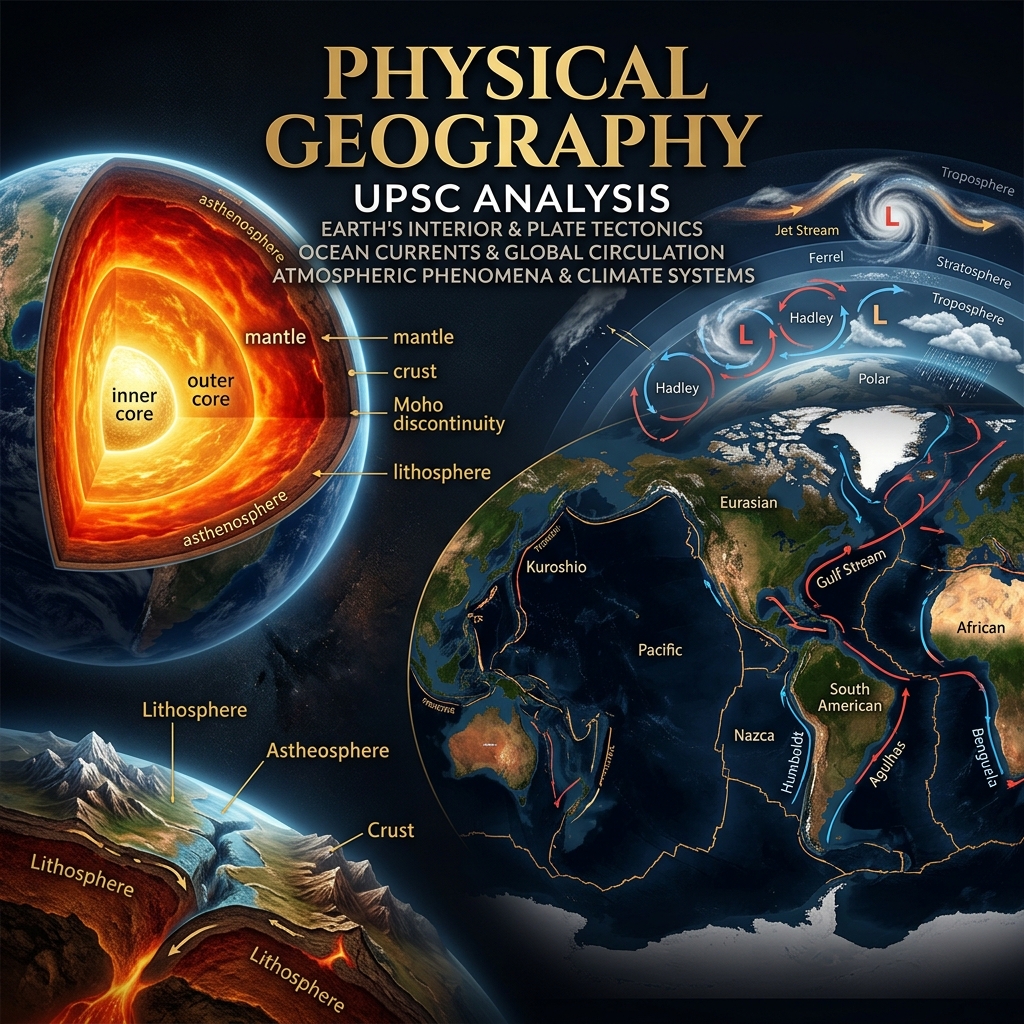 Visual representation of Physical Geography concepts including Earth layers, plate tectonics, ocean currents, and atmospheric phenomena for UPSC Prelims analysis.
