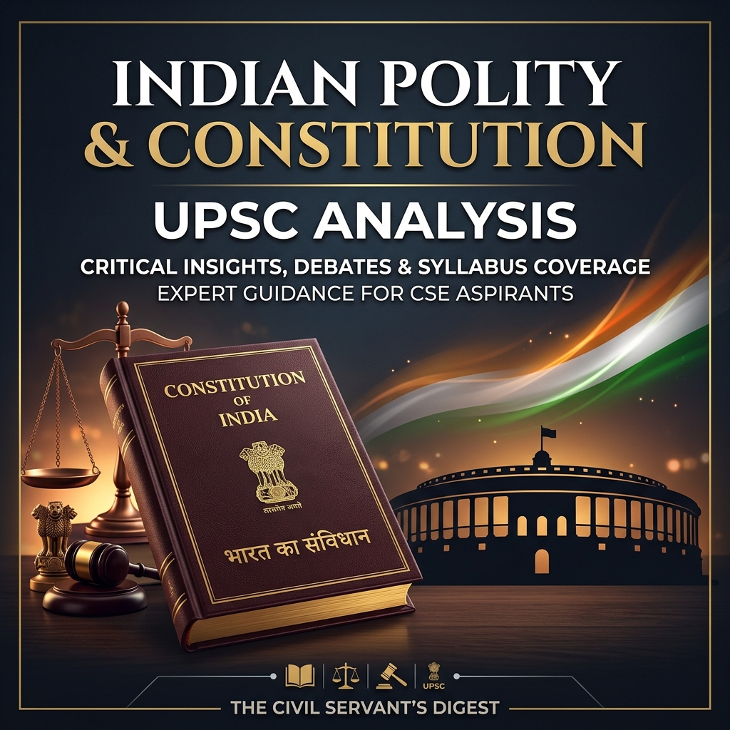 Indian Constitution book, Parliament House silhouette, and justice scales representing UPSC Polity PYQ analysis.