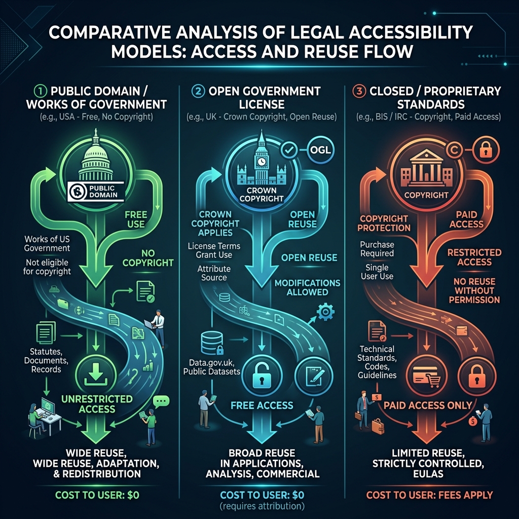 Educational diagram comparing Public Domain, Open Government License, and Closed/Proprietary models of government standards access