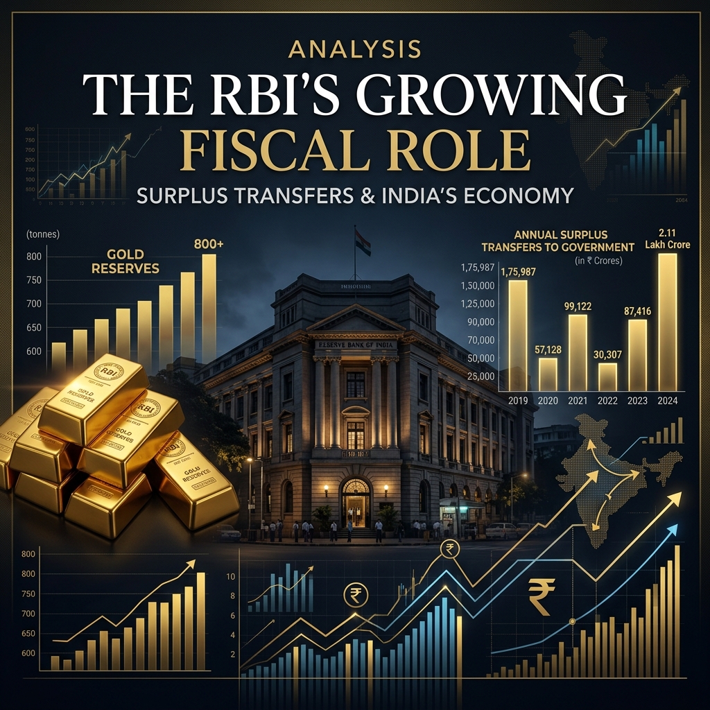 RBI logo and building with financial indicators representing central banking fiscal analysis.