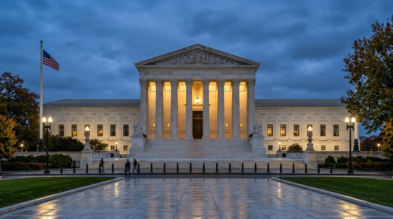 Realistic twilight photograph of the U.S. Supreme Court (SCOTUS) building in Washington D.C.