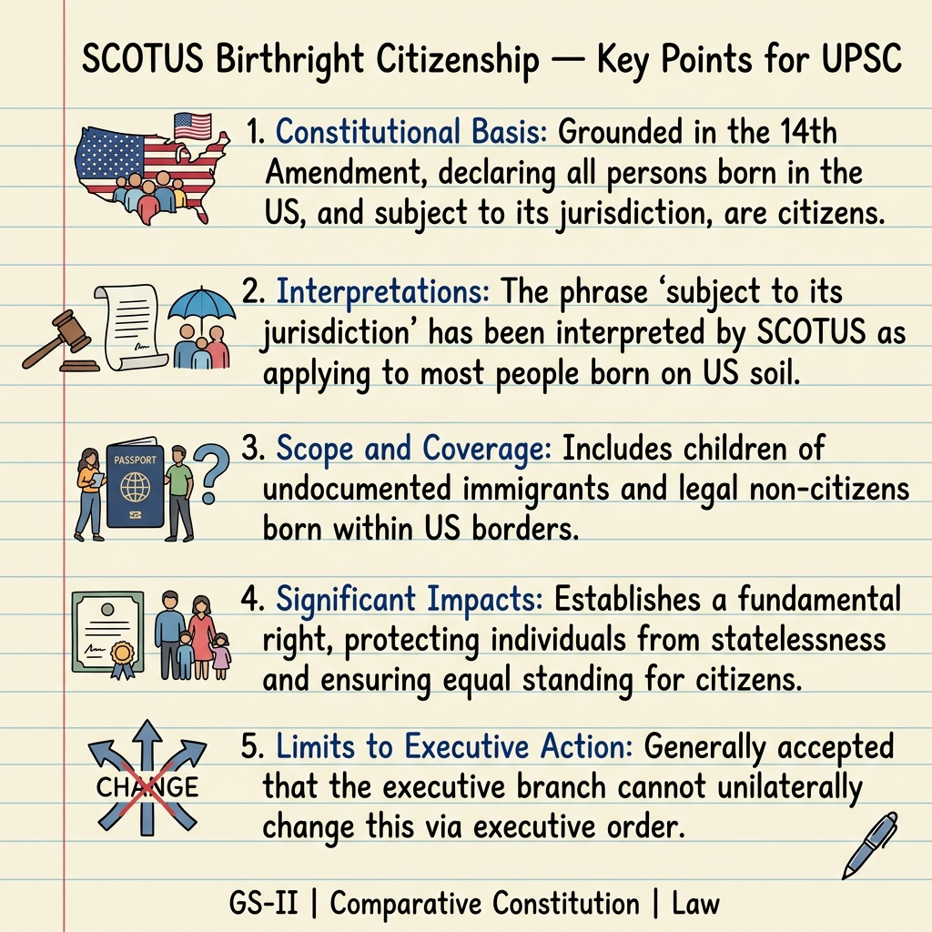 Handwritten summary notes on U.S. Birthright Citizenship and UPSC key points