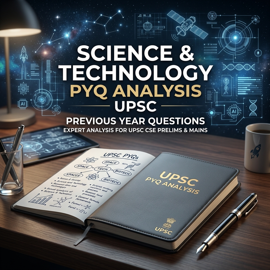 A sleek notebook with analytical charts representing the Science and Technology syllabus weightage for UPSC Prelims.