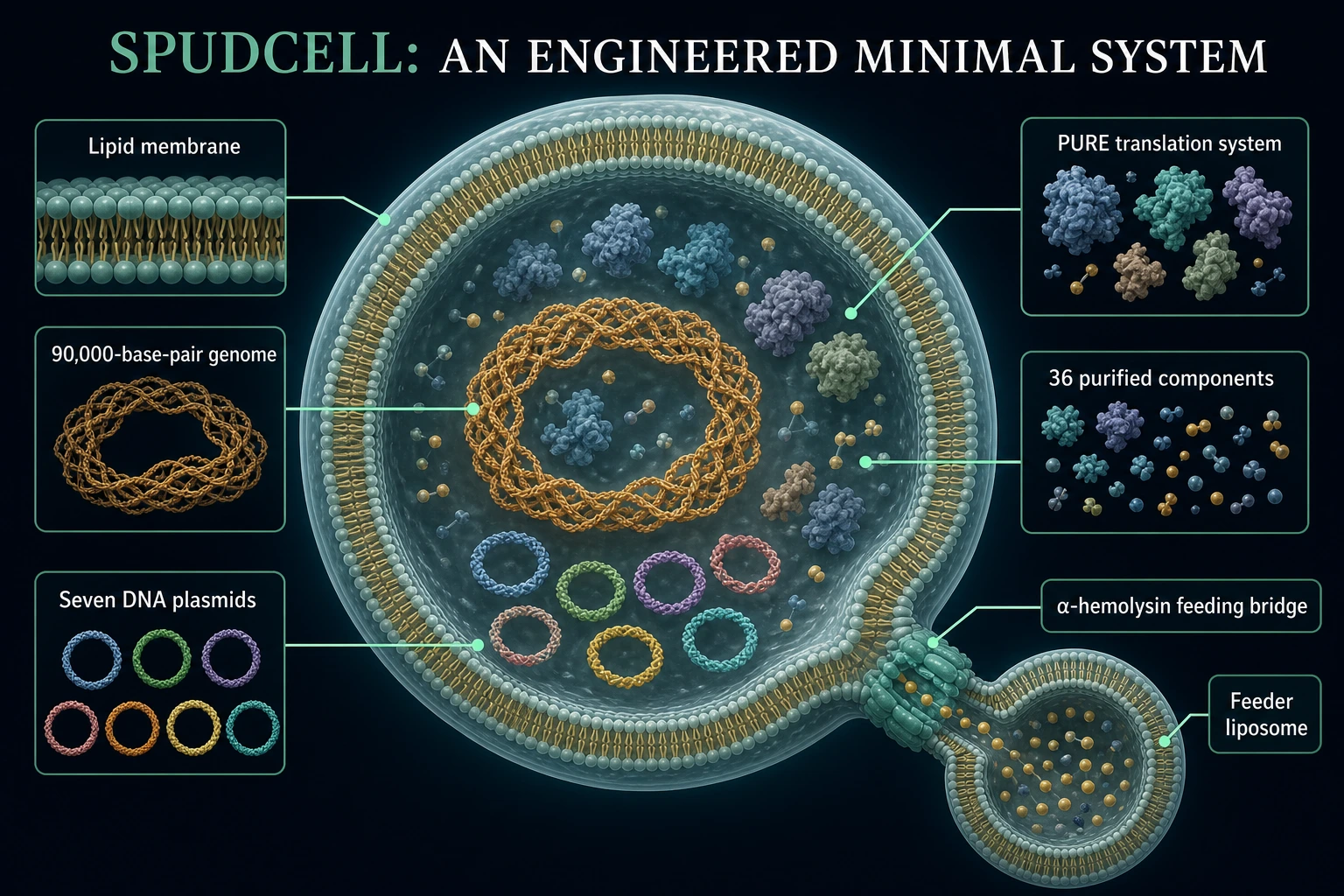 Infographic showing SpudCell's lipid membrane, seven plasmids, 90,000-base-pair genome, PURE translation system, alpha-hemolysin bridge and feeder liposome
