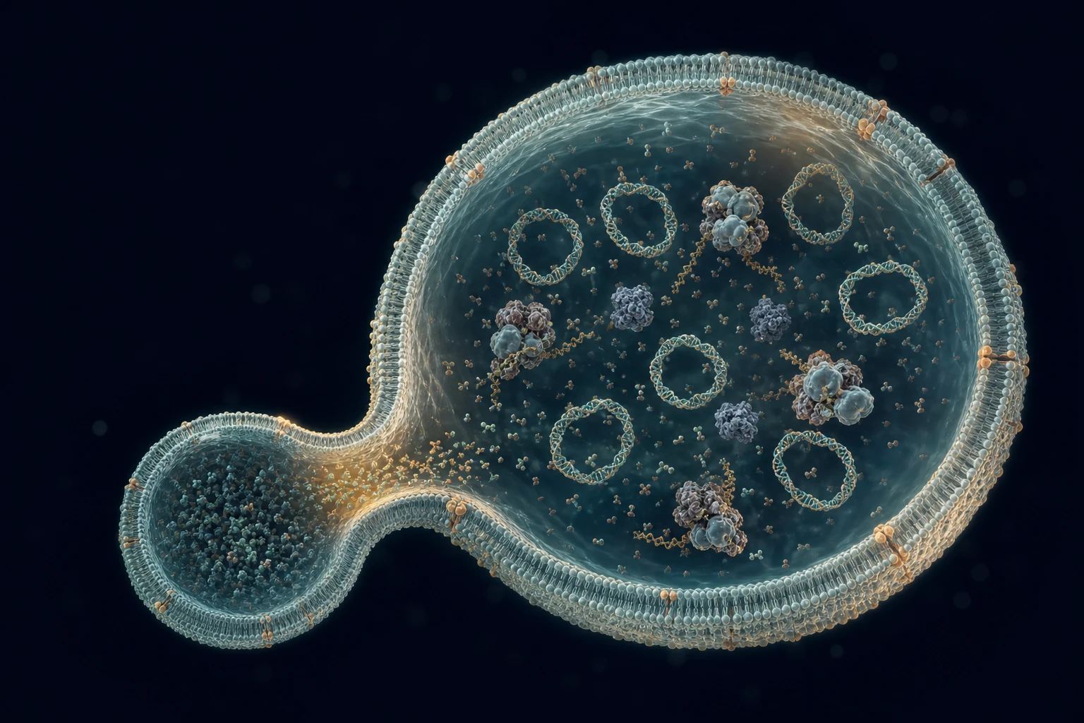 Scientific cutaway illustration of a feeder liposome merging with the engineered synthetic cell SpudCell