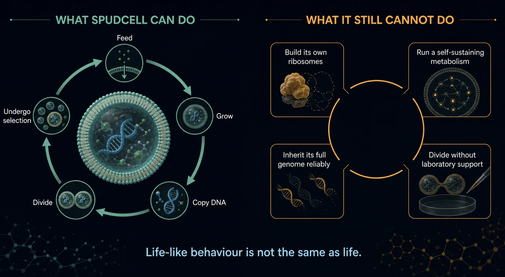 Infographic comparing SpudCell's life-like cycle with the autonomous capabilities it still lacks