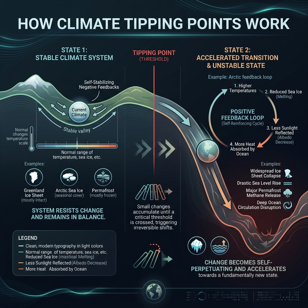 Educational infographic showing a ball rolling off a shelf, representing the shift from a stable climate state to an unstable new state via a tipping threshold and positive feedback loops